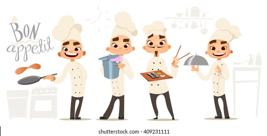 Four funny cook. Bon appetit lettering . Cook characters. Cartoon funny cook