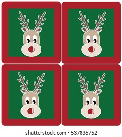 four funny and cute reindeer icons on green new year's background