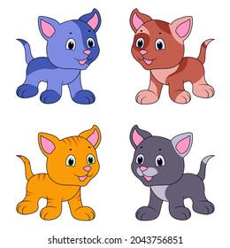 Four funny different cartoon cats isolated on white background, color image of pets