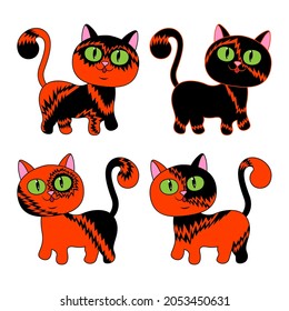 Four funny different cartoon cats for Halloween in black and orange isolated on white background
