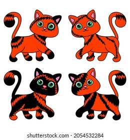 Four funny different cartoon cats for Halloween in black and orange isolated on white background