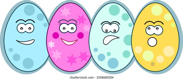 Four funny easter eggs with different faces on white background, vector illustration, for Easter