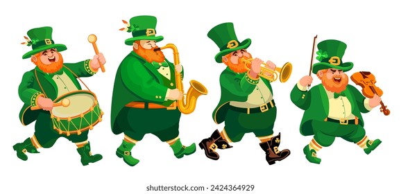 Four funny fat musicians in leprechaun costumes. People with a drum, trumpet, violin, saxophone. Cartoon characters on white. Flat style Illustration for St. Patricks Day,  Irish holiday. Vector.