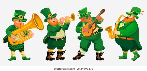 Four funny fat musicians in leprechaun costumes. People with a tuba, trumpet, guitar, saxophone. Cartoon characters on white. Flat style Illustration for St. Patricks Day,  Irish holiday. Vector.