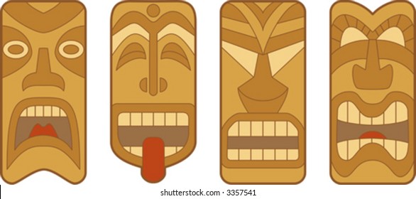 Four funny Hawaiian Tiki masks on white background
