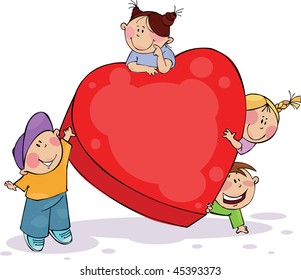 Four funny kids with big red heart