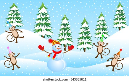Four funny monkeys and snowman in a winter forest, vector illustration