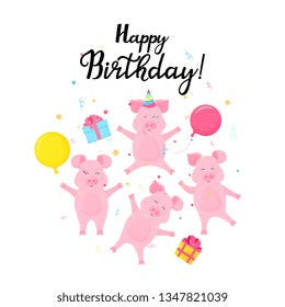 Four funny piglets celebrate at the party. Pigs with gifts and balloons jump and have fun. Happy birthday card.