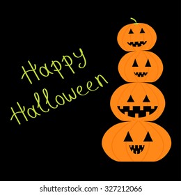 Four funny pumpkins. Halloween card.  Flat design. Orange  background Vector illustration