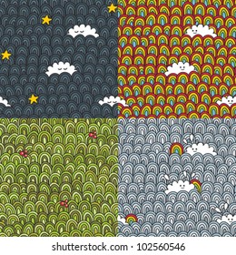 Four funny seamless patterns with sky and ground. Vector doodle textures.