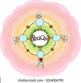 Four funny sheep hold hands on a globe for peace