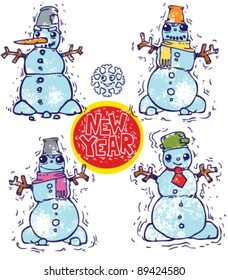 four funny snowman with snowflake