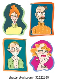 Four funny vector illustrations of teachers: librarian, literature, science and drama teacher types...back to school theme for middle, secondary or college levels.