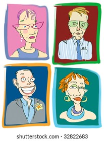 Four Funny Vector Illustrations Of Teachers: Language, Math, The Principal And Social Studies Types...back To School Theme For Middle, Secondary Or College Levels.