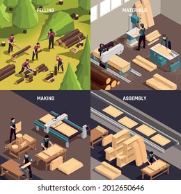 Four furniture production isometric icon set with felling materials making and assembly descriptions vector illustration