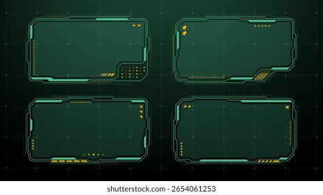 Quatro janelas gráficas futuristas hud vetor são exibidas com cores retro. Quadro de interface digital para design.