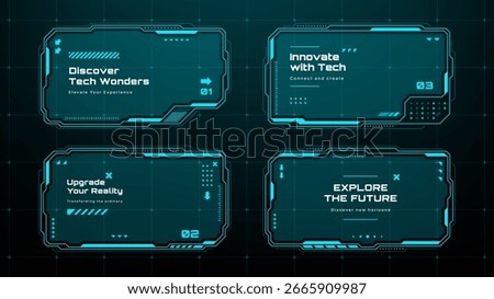 Four futuristic hud vector graphics panels with text labels for modern digital interface and technology