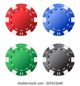 Four gambling chips (red, blue, green, black) for your designs isolated on white background. Vector illustration