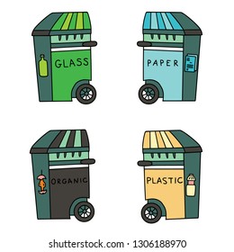 Four garbage containers for organics, plastic, glass and paper. Sustainable household and zero waste ecohouse. Doodle illustration.