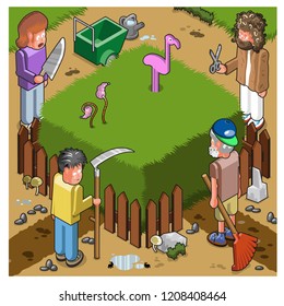 Four gardeners about to mow a square garden with high grass (vector cartoon)
