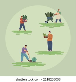 escena de cuatro personajes de trabajadores de jardinería