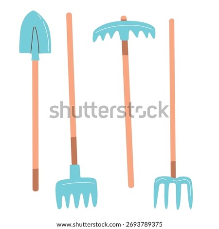 Four gardening tools including a shovel, rake, hoe, and pitchfork. Each tool has a wooden handle and a blue metal head, suitable for outdoor gardening tasks.