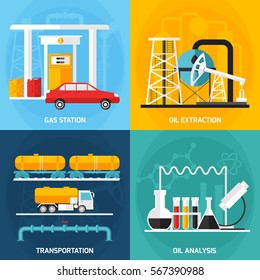 Four gas oil industry square compositions set with decorative icons representing petrol extraction analysis and transportation vector illustration