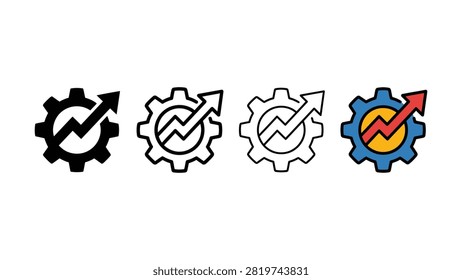 Four gear icons featuring upward trending arrows inside charts in different styles