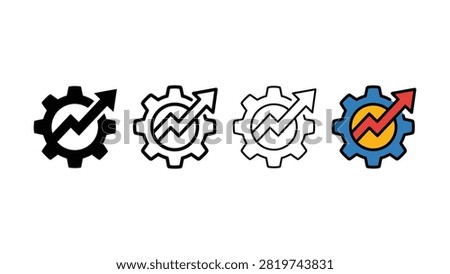 Four gear icons featuring upward trending arrows inside charts in different styles