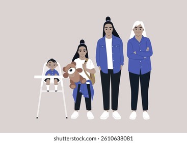 Four generations of women stand together, showcasing the strength of familial connections, from a playful toddler to a wise elder, each representing unique life stages