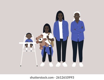 Four generations of women stand together, showcasing the strength of familial connections, from a playful toddler to a wise elder, each representing unique life stages