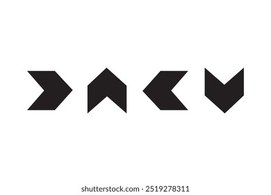 Four geometric arrows in solid black, pointing in different directions, set against a white background. Simple, abstract design with sharp, symmetrical edges.