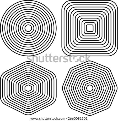 four geometric designs made of concentric lines: circles rounded squares , hexagons and 8 sided polygons