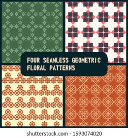 Four geometric floral vector seamless repeat patterns.