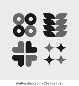 Four geometric patterns in a square, using gray and black colors.