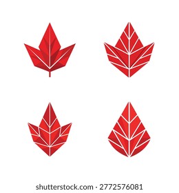 Four geometric red maple leaf with sharp angular lines on white backdrop polygon