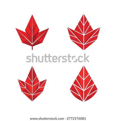 Four geometric red maple leaf with sharp angular lines on white backdrop polygon
