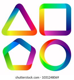 Four geometric shapes in bright rainbow gradient colors. Square, triangle, circle and pentagon elements for design. 