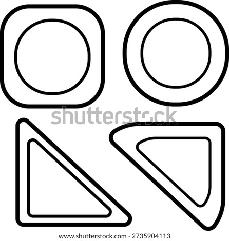Four geometric shapes with rounded corners, including a rounded square, a circle within a circle, a right triangle, and a rounded triangle.