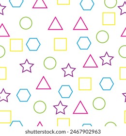 Four geometric shapes used background pattern. triangle, square, polygon and circle. Multi-colored.