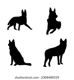 Four germansheperd dog silhouette set isolated on white background.