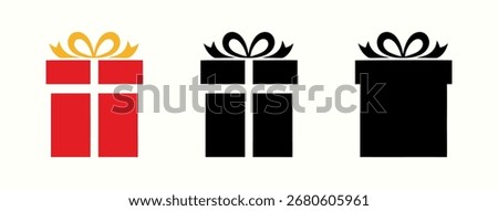 Four Gift Box Icons in Black with Bows Aligned on a White Background