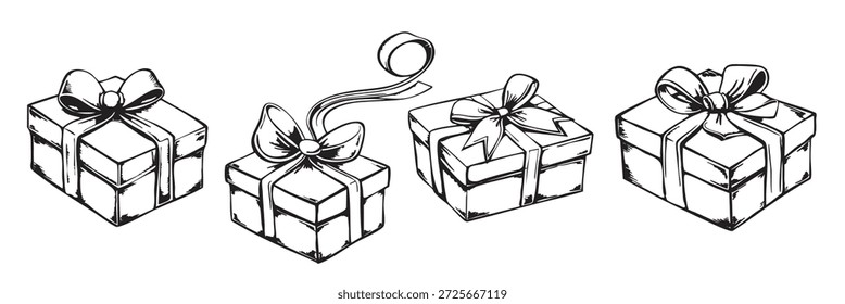 Cuatro cajas de regalo con lazos y cintas