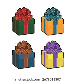  Cuatro cajas de regalo con cintas de colores atadas en la parte superior