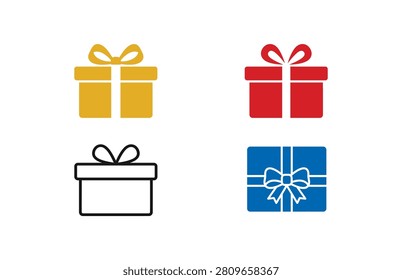 Four gift boxes in different colors with ribbons on top, including yellow, red, black and white outline, and blue with white ribbon.