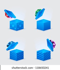 four gift boxes and flying cover with bow