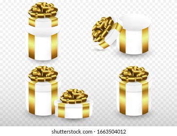 Four gift boxes with golden ribbon and bow. Set greeting boxes in different forms