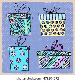 Four gift boxes on a violet background for your design