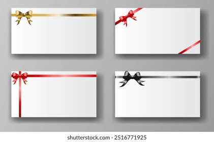 Cuatro Tarjetas de regalo con lazos en oro, rojo y negro sobre un fondo gris. Cada tarjeta cuenta con un lazo y una cinta, creando un aspecto festivo y elegante. Ilustración vectorial