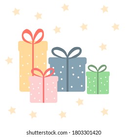 Four gifts of different colors and stars, a vector graphics